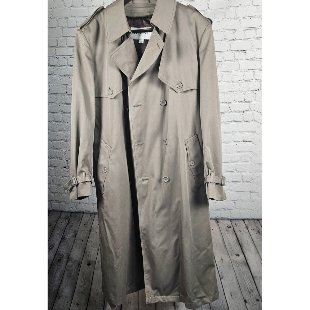 Towne by London Fog Mens Double Breasted Trench Coat Tan Removable Liner 44 Long